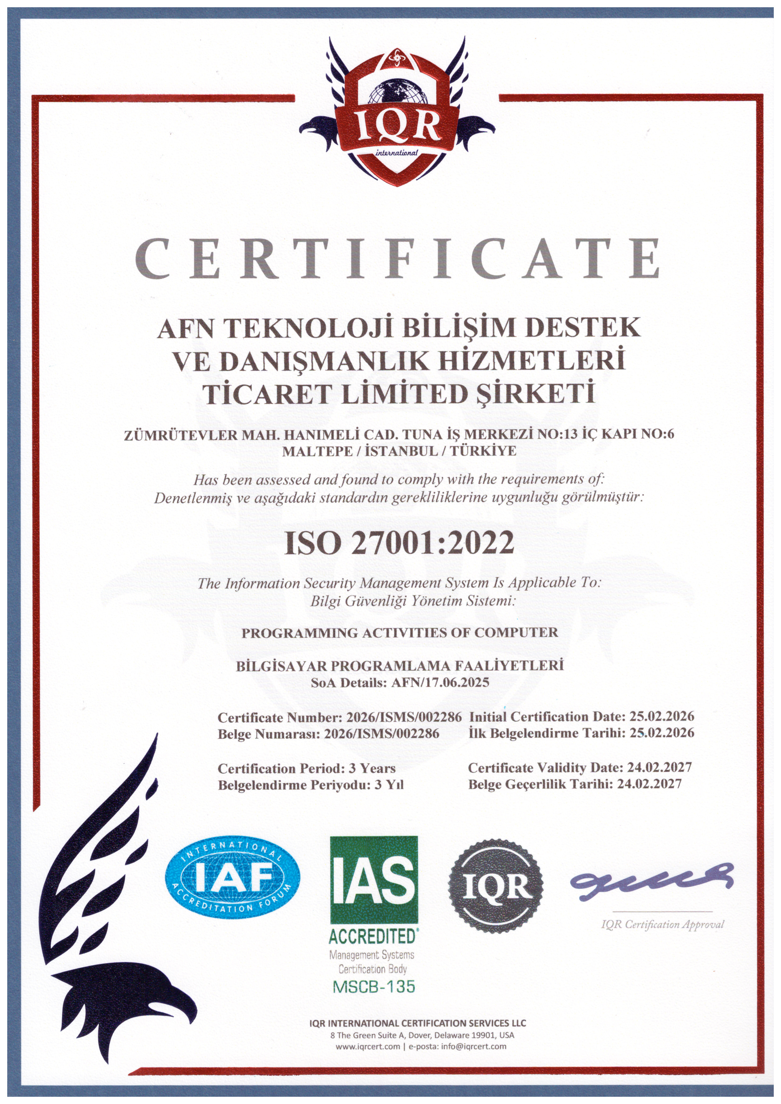 AFN Technology ISO 27001 Authorization Certificate